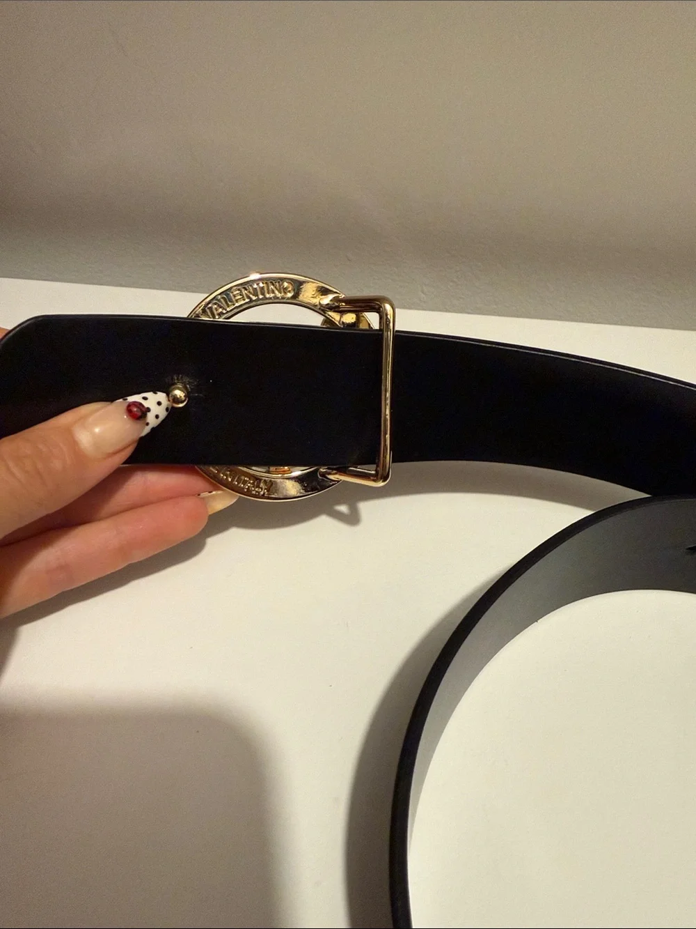 Valentino Black Belt with Gold Round Logo Buckle
